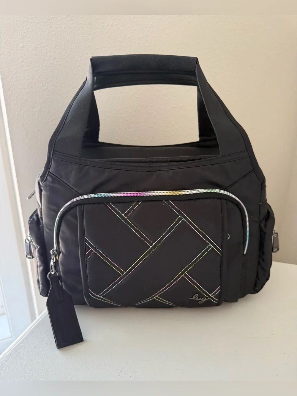 Lug | Rumble Black Satchel | Top Handle Only | Rainbow Stitching EUC - Picture 1 of 9